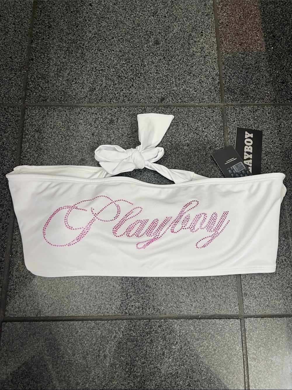 PLAYBOY White Bandeau Top with Pink Rhinestone Logo TOP ONLY
